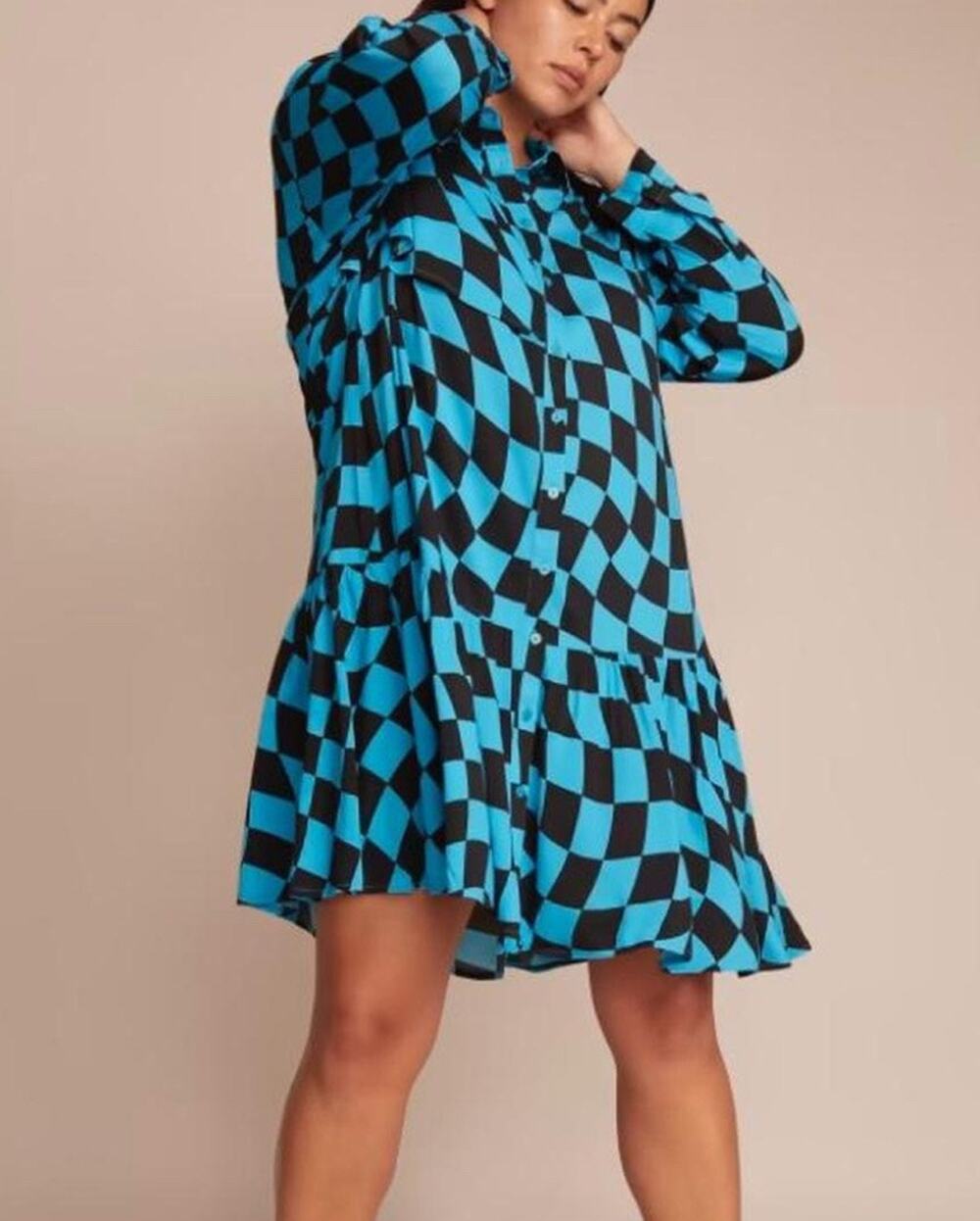 11 Honoré Blue Black Optical Illusion Check Dress Women’s 22 Tiered Shirt Dress